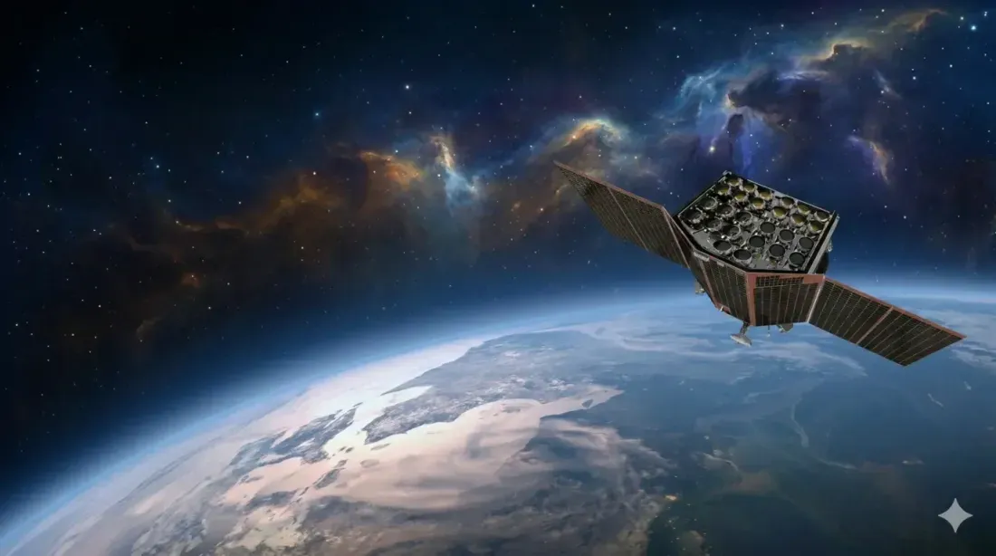 Artwork of a satellite with twin solar panels above Earth against a colourful nebula and star field.