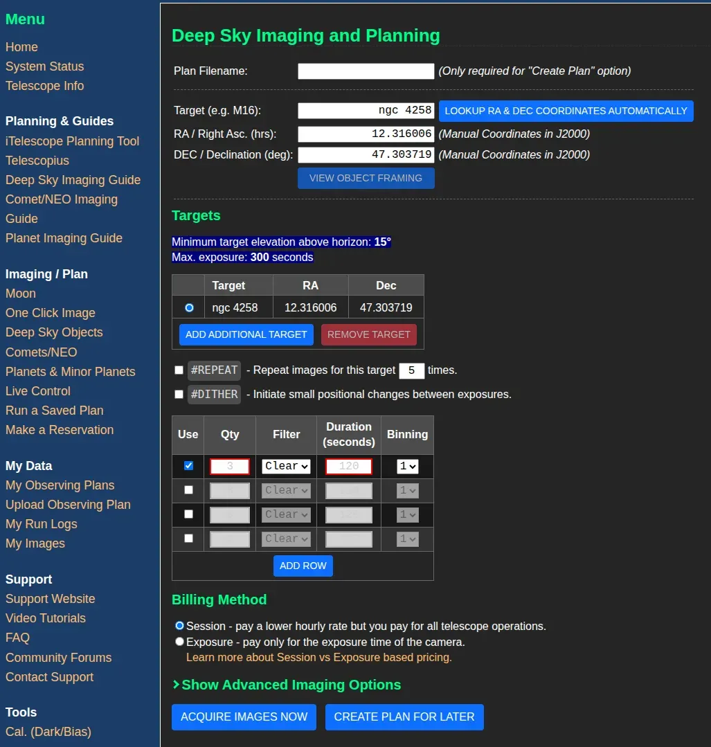 iTelescope Deep Sky Imaging and Planning form configured for NGC 4258.
