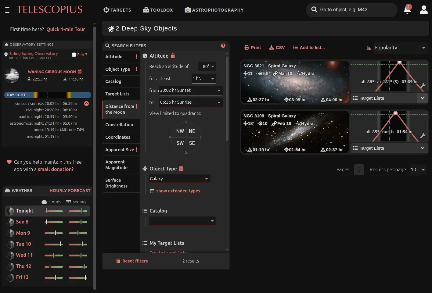 Telescopius target-search screen filtered for galaxies visible from Siding Spring Observatory.