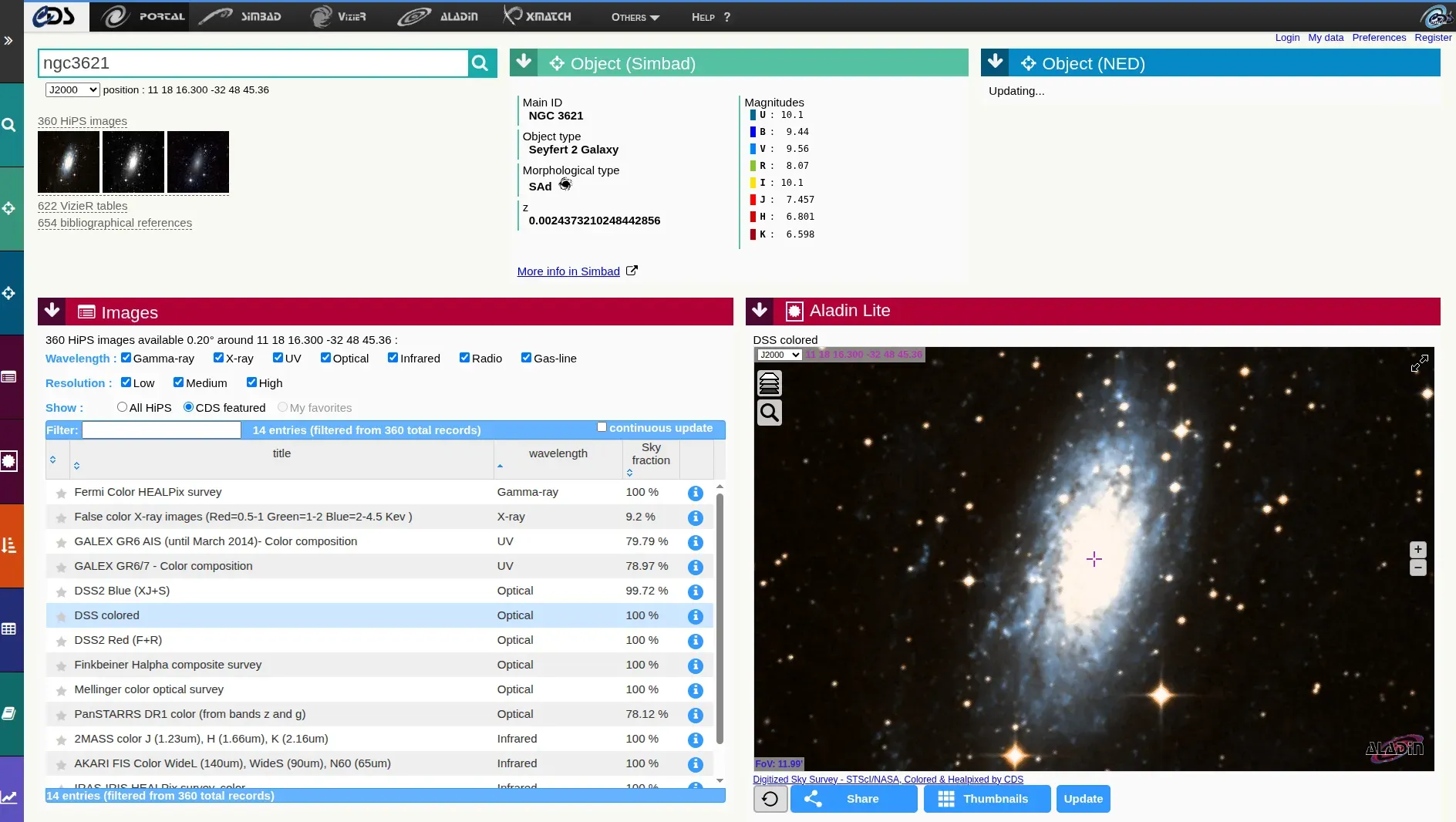 CDS Portal search results for NGC 3621, with wavelength filters and an optical image in Aladin Lite.