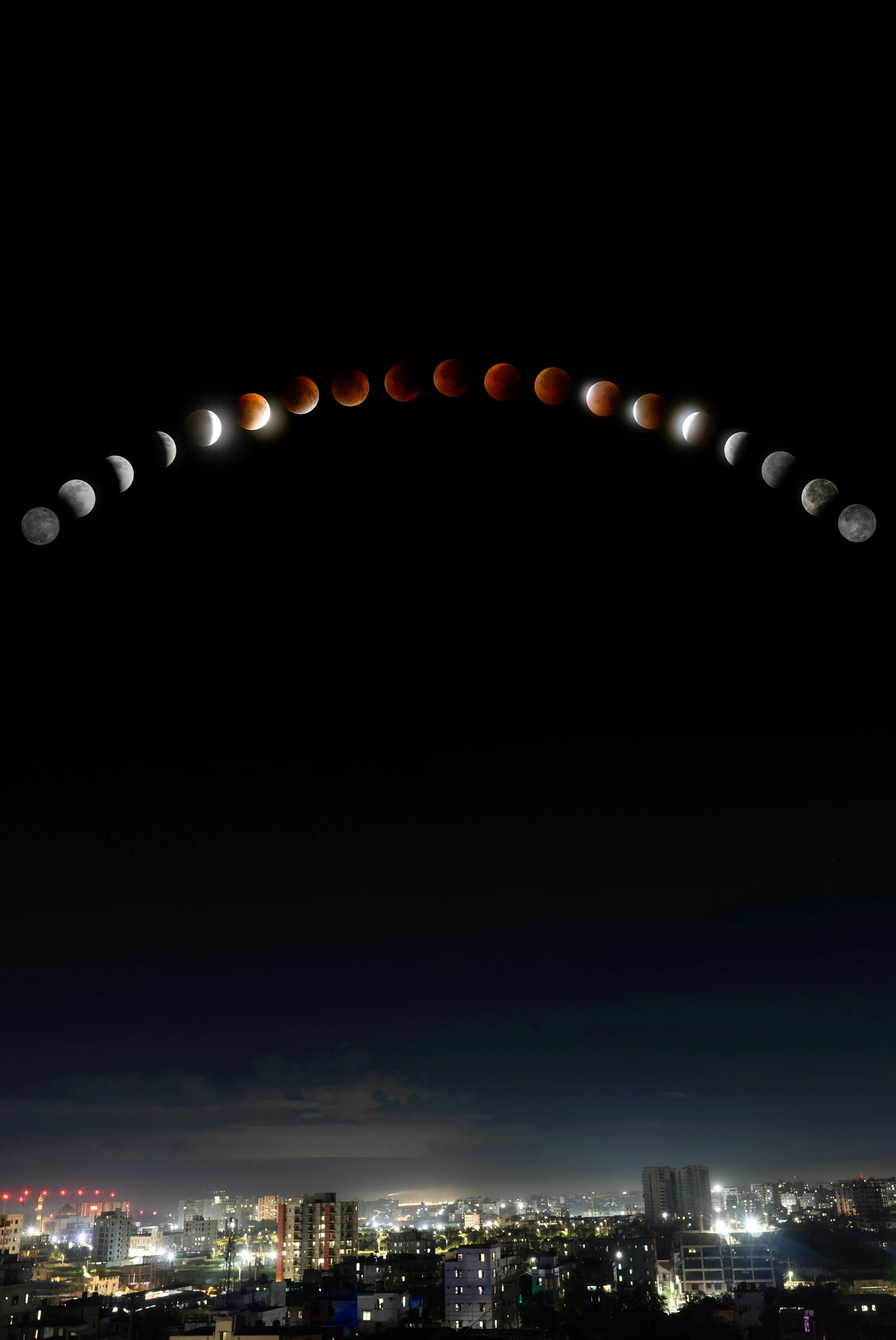 Total lunar eclipse sequence mapped along the Moon's path over Dhaka