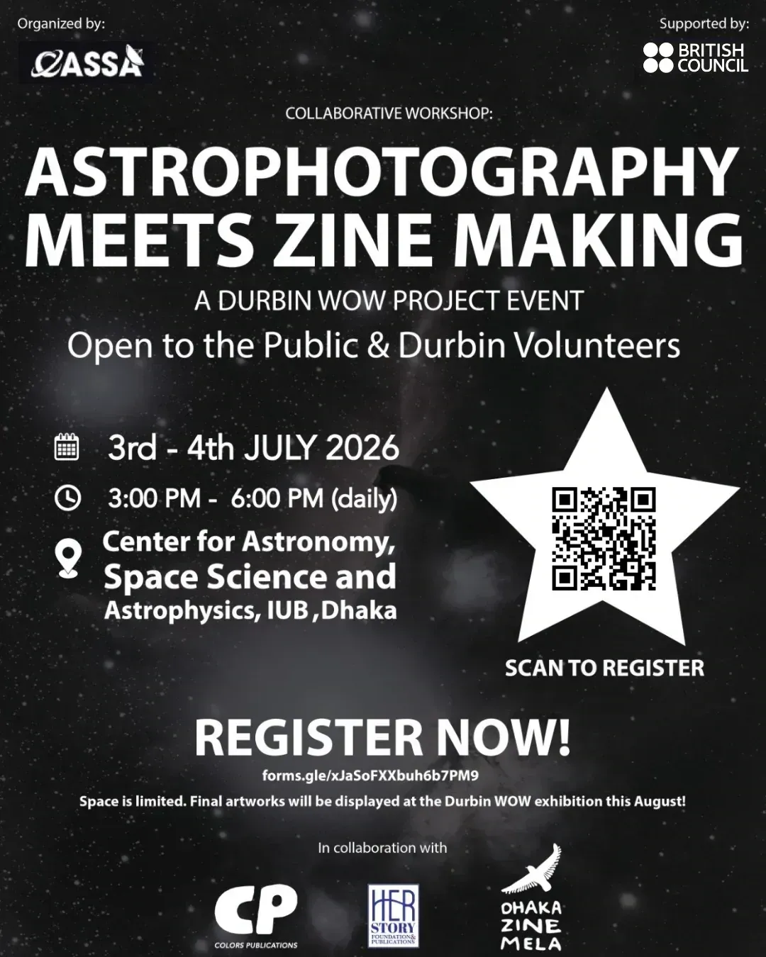 Poster for the Astrophotography Meets Zine Making workshop, 3–4 July 2026 at CASSA, IUB.